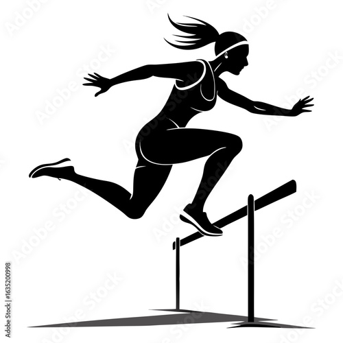 Silhouette of a female athlete jumping over hurdles during a track and field race
