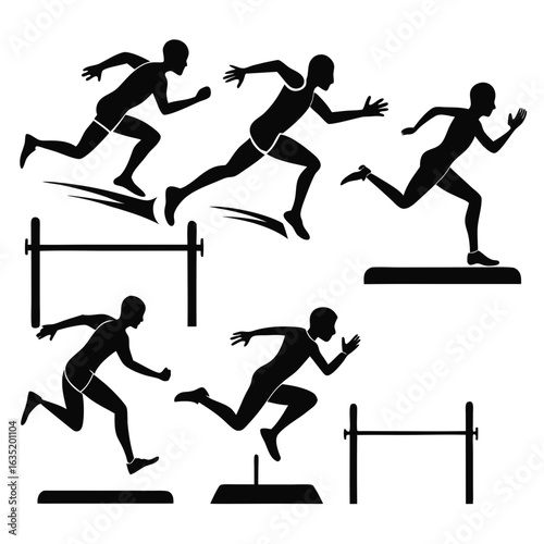 Collection of black silhouettes of athletes running and jumping over hurdles during a race