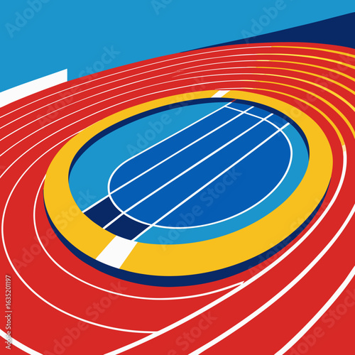 Abstract illustration of a stadium running track with vibrant red yellow and blue colors