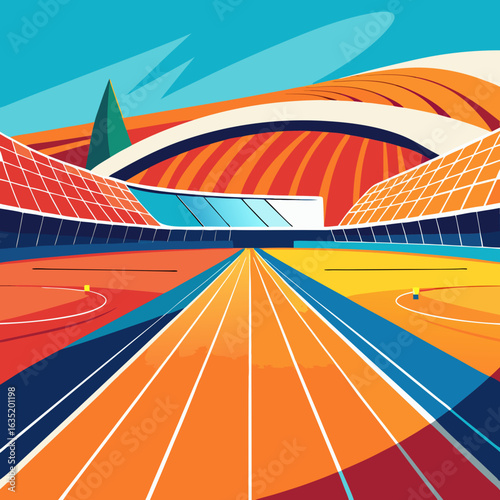 Vibrant modern stadium with running tracks and spectator stands under a colorful sky