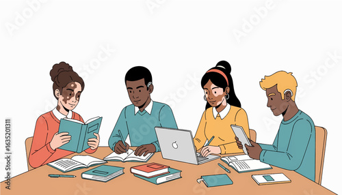 Diverse university students in a collaborative learning environment. An inclusive illustration of modern education and teamwork.