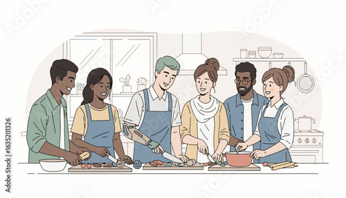 A diverse group of friends enjoying a collaborative cooking session, illustrating inclusivity with a prosthetic limb and joyful community life.