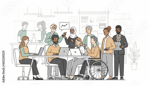 concept of a diverse and inclusive business team collaborating in a modern office environment with laptops.