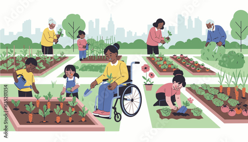 A diverse and inclusive community working together in a vibrant urban garden, promoting sustainable living and teamwork.