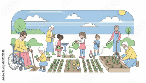 A diverse intergenerational community gardening together. Seniors, children, and a person with a disability planting vegetables.