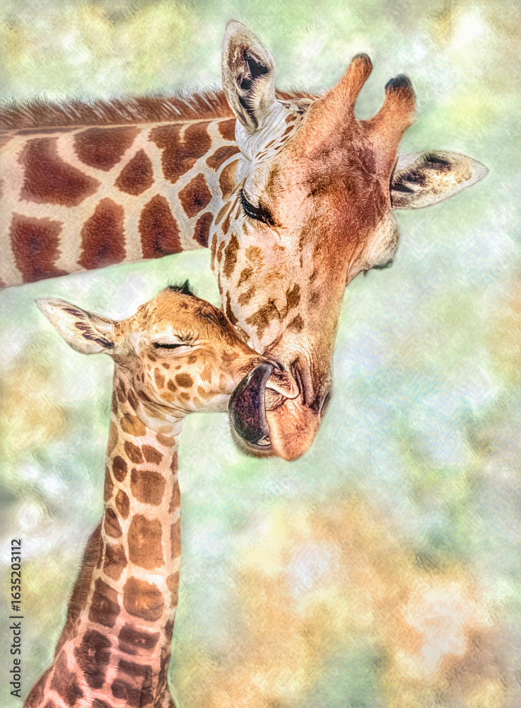 Fototapeta premium stylized digital photo art, adult Giraffe mother wraps tongue around newborn baby giraffe's muzzle.