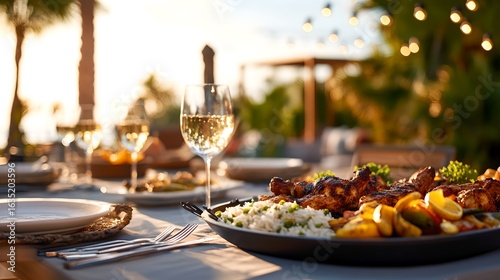 Elegant outdoor dining experience with tropical palm trees warm sunset lighting and a delicious meal on the patio of a restaurant or resort