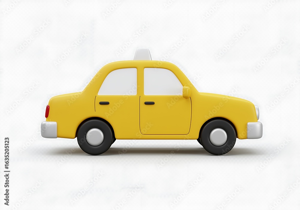 Fototapeta premium Cute Yellow Taxi Cab Car Render on White Background Public Transportation Icon Design Element Transportation Services Modern Automobile