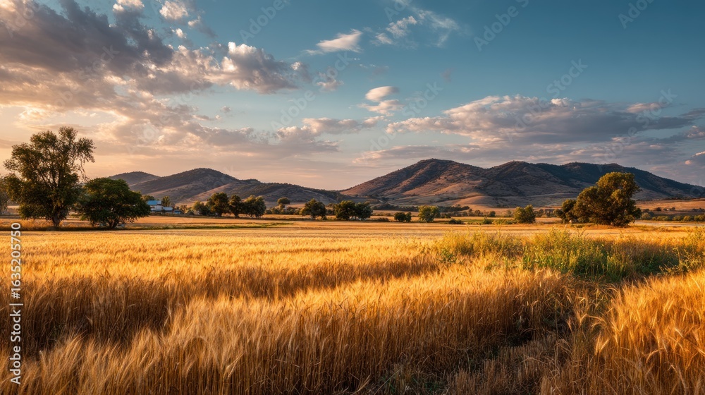 Obraz premium Golden wheat field at sunset landscape