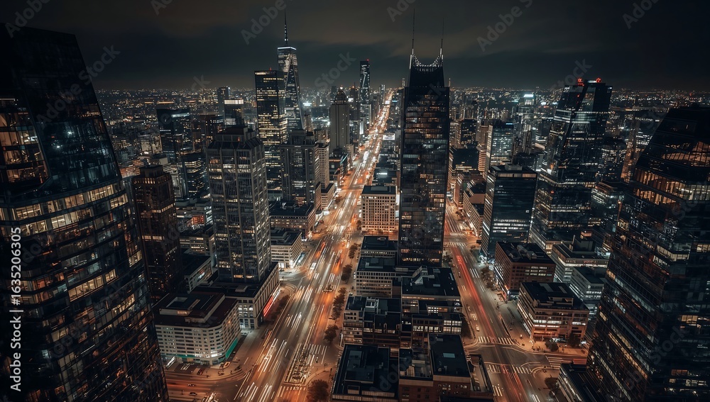 Fototapeta premium Photo of aerial view of a modern city skyline at night with illuminated buildings and busy streets showing the vibrant urban landscape