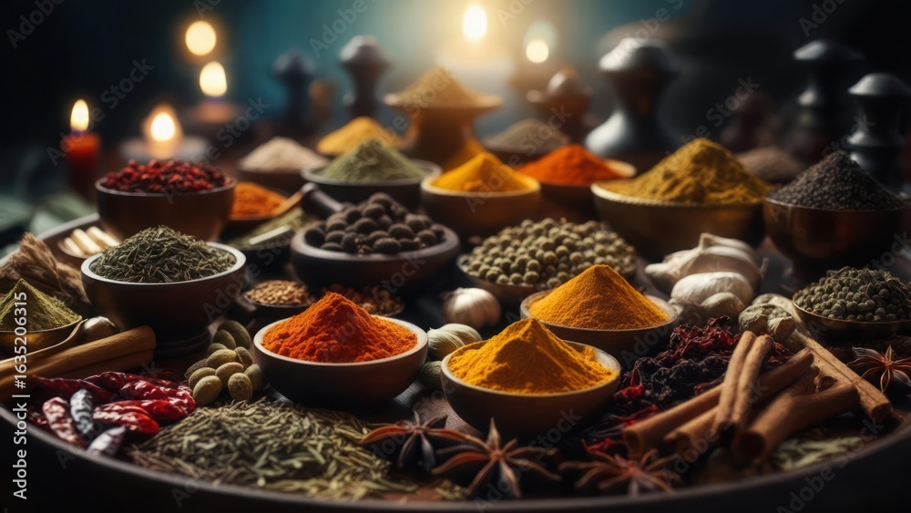 Fototapeta premium Aromatic Tapestry of Exotic Spices in Bowls Under Warm, Moody Candlelight