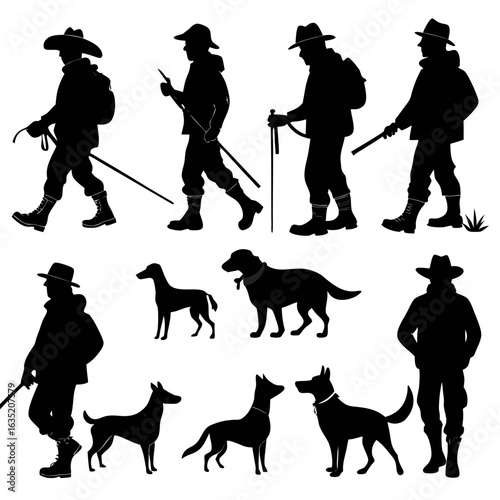 Silhouettes of cowboys and dogs in various poses and activities