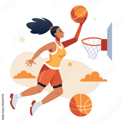 Athletic woman in mid air performing a slam dunk in a basketball game