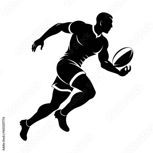 Dynamic silhouette of a muscular rugby player running with the ball