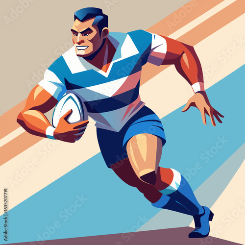 Rugby player in action running with the ball in a dynamic illustration with bold colors