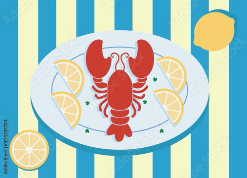 Lobster dish with lemon and herbs illustration for home decor art print vector