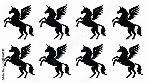 Black winged unicorn silhouettes pegasus horse