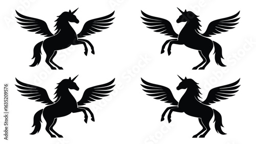 Black winged unicorns rearing up pegasus winged horse