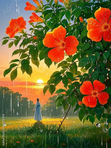 girl in the garden of the dense flowers and lush leaves of the Tecoma Stans tree against the backdrop of the rising sun sway when the water droplets sprayed on them.