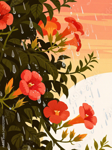 seamless floral background of The dense flowers and lush leaves of the Tecoma Stans tree against the backdrop of the rising sun sway when the water droplets sprayed on them.