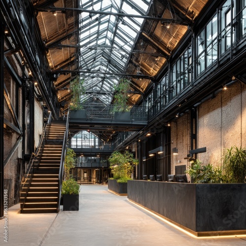 Modern industrial atrium lobby with plants, staircase, and skylights