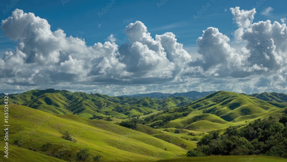 Fototapeta premium Rolling green hills under a bright, sunny sky; landscape panorama; travel, nature