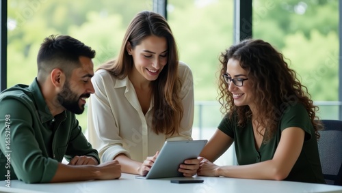 Three colleagues collaborate on a project using a tablet in a bright modern office space together smiling