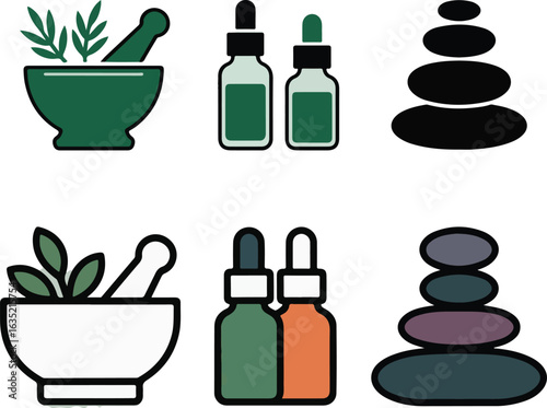 Wellness Icons Set – Mortar, Dropper Bottles & Healing Stones in Earthy Vector Style
