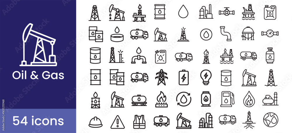 Fototapeta premium Oil and gas industry icon set for fuel and energy production, with petroleum rig and refinery symbols. Vector line illustrations for industrial processes and power generation.