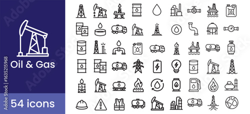 Oil and gas industry icon set for fuel and energy production, with petroleum rig and refinery symbols. Vector line illustrations for industrial processes and power generation.

