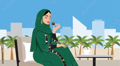 Beautiful Arabic Woman Wearing a Hijab and Abaya while Eating a Chocolate