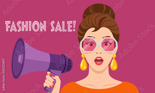 Surprised Woman with a Megaphone Announcing a Fashion Sale