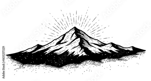 Detailed Black and White Mountain Illustration with Sunburst Effect