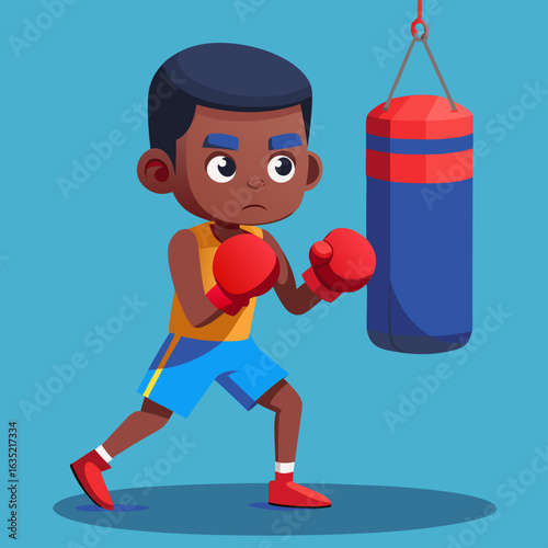 Young boy with boxing gloves and shorts practicing punches on a punching bag