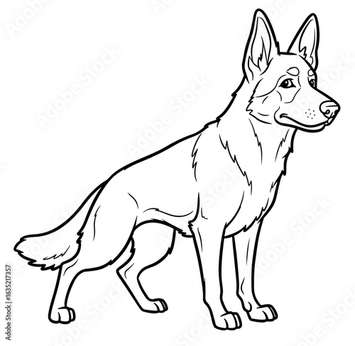 Black and White Line Art Illustration of a Standing German Shepherd Dog