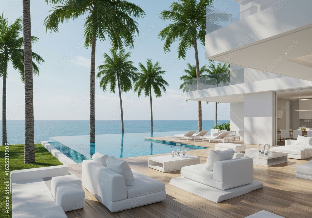 Fototapeta premium Luxury villa with swimming pool and ocean view on a sunny day