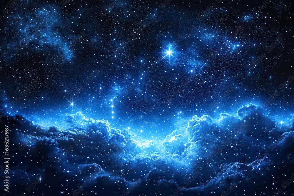 Naklejka premium Brilliant blue stars shine through space and luminous nebula clouds. Use this image for science, space exploration or a peaceful backdrop.