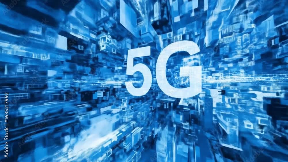 5G logo over a digital blue cityscape showing blurred structures 5G logo over a digital blue cityscape showing blurred structures