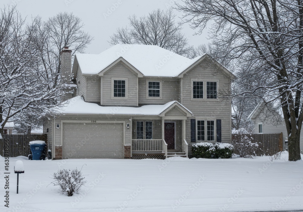 Naklejka premium Suburban house covered in snow during winter season