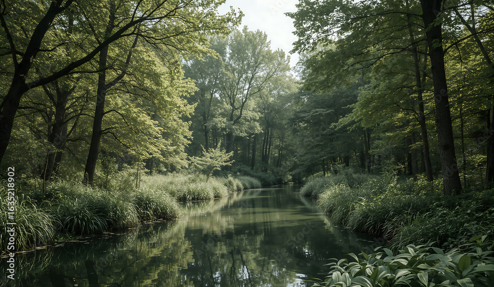 Obraz premium Photo of a tranquil stream meanders through a lush green forest with sunlight filtering through the trees creating a peaceful landscape