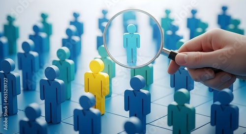 A hand holding a magnifying glass inspects a single blue figure in a crowd, symbolizing recruitment, search, and human resources.