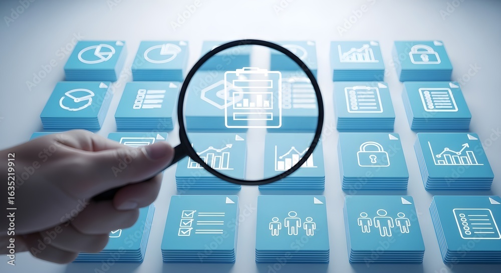 Fototapeta premium A hand holds a magnifying glass over a grid of blue icons, focusing on a document for analysis and inspection.