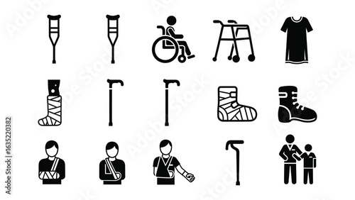 Comprehensive collection of medical support icons for rehabilitation and accessibility, featuring essential mobility aids and patient care symbols for healthcare design projects.