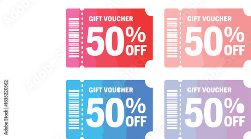 Four colorful gift vouchers offering fifty percent discount off