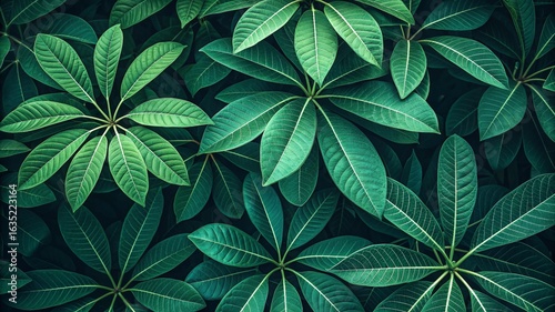 Tropical leaf background with vivid, high contrast greens	
