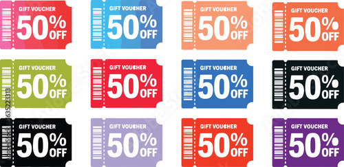 Collection of colorful 50 percent off discount coupons