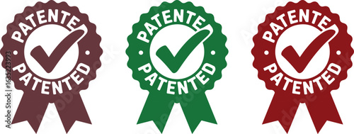 Three patent approved ribbons with checkmarks in red green and brown