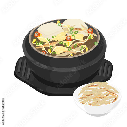 Vector Illustration Logo Clipart Dried pollock soup Bugeoguk on a ttukbaegi with added shredded fish