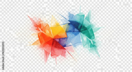 Abstract geometric watercolor background with a vibrant explosion of colorful crystalline shapes and forms on transparent background.