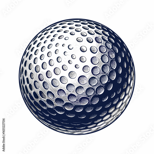 Engraved golf ball with dimples on white background